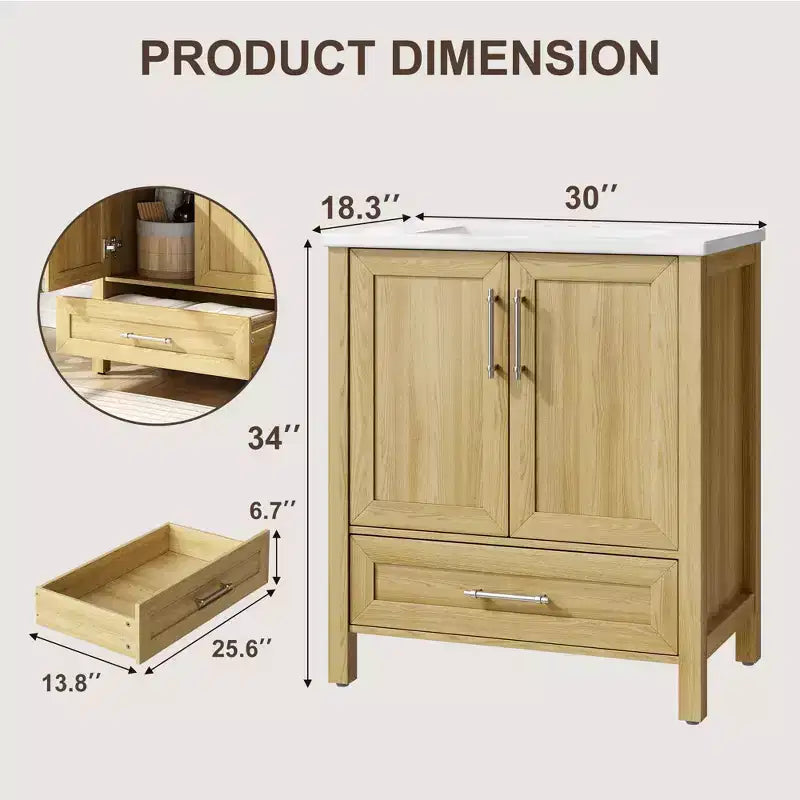 Meuble lavabo de salle de bain compact avec lavabo, meuble bas sur pieds avec porte à fermeture douce, étagère de rangement réglable, peu encombrant pour appartement