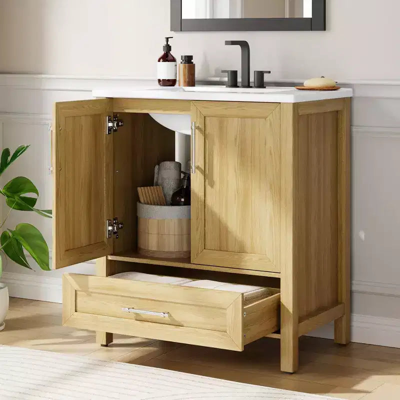 Meuble lavabo de salle de bain compact avec lavabo, meuble bas sur pieds avec porte à fermeture douce, étagère de rangement réglable, peu encombrant pour appartement