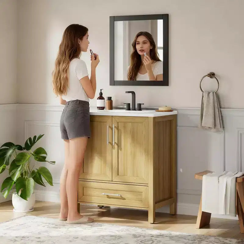 Meuble lavabo de salle de bain compact avec lavabo, meuble bas sur pieds avec porte à fermeture douce, étagère de rangement réglable, peu encombrant pour appartement