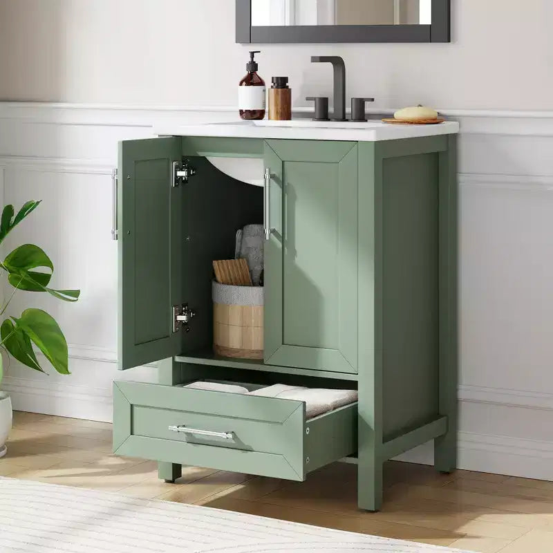 Meuble lavabo de salle de bain compact avec lavabo, meuble bas sur pieds avec porte à fermeture douce, étagère de rangement réglable, peu encombrant pour appartement