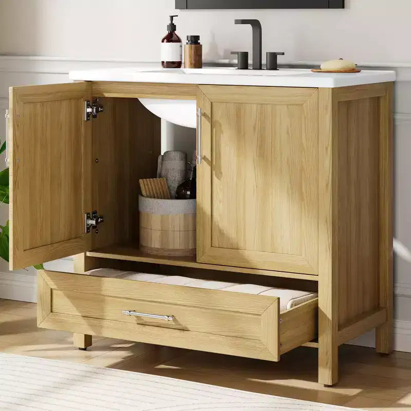 Meuble lavabo de salle de bain compact avec lavabo, meuble bas sur pieds avec porte à fermeture douce, étagère de rangement réglable, peu encombrant pour appartement