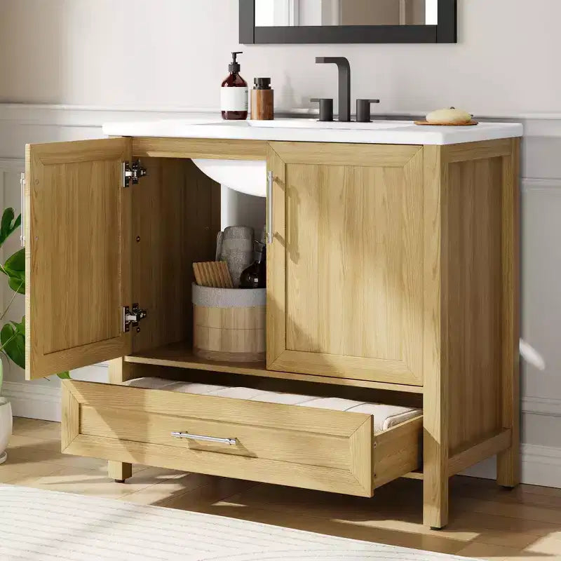 Meuble lavabo de salle de bain compact avec lavabo, meuble bas sur pieds avec porte à fermeture douce, étagère de rangement réglable, peu encombrant pour appartement