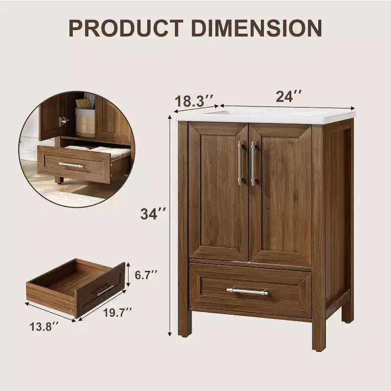 Meuble lavabo de salle de bain compact avec lavabo, meuble bas sur pieds avec porte à fermeture douce, étagère de rangement réglable, peu encombrant pour appartement