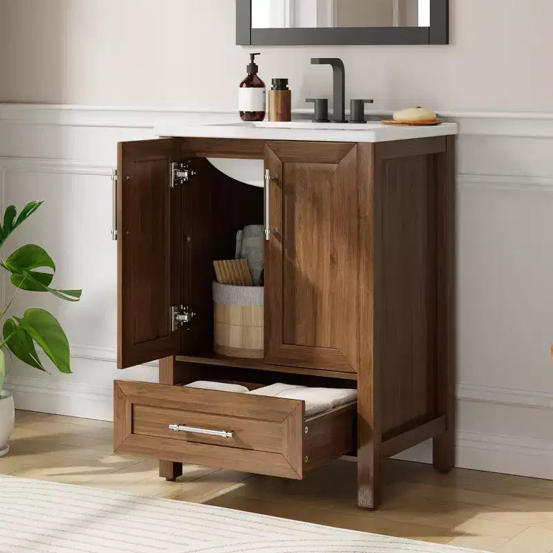 Meuble lavabo de salle de bain compact avec lavabo, meuble bas sur pieds avec porte à fermeture douce, étagère de rangement réglable, peu encombrant pour appartement