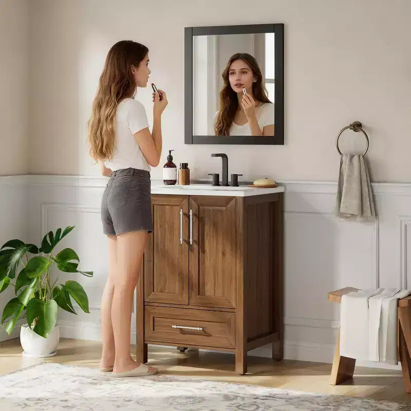 Meuble lavabo de salle de bain compact avec lavabo, meuble bas sur pieds avec porte à fermeture douce, étagère de rangement réglable, peu encombrant pour appartement