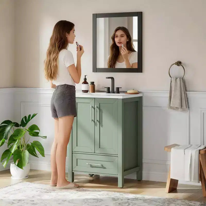 Meuble lavabo de salle de bain compact avec lavabo, meuble bas sur pieds avec porte à fermeture douce, étagère de rangement réglable, peu encombrant pour appartement