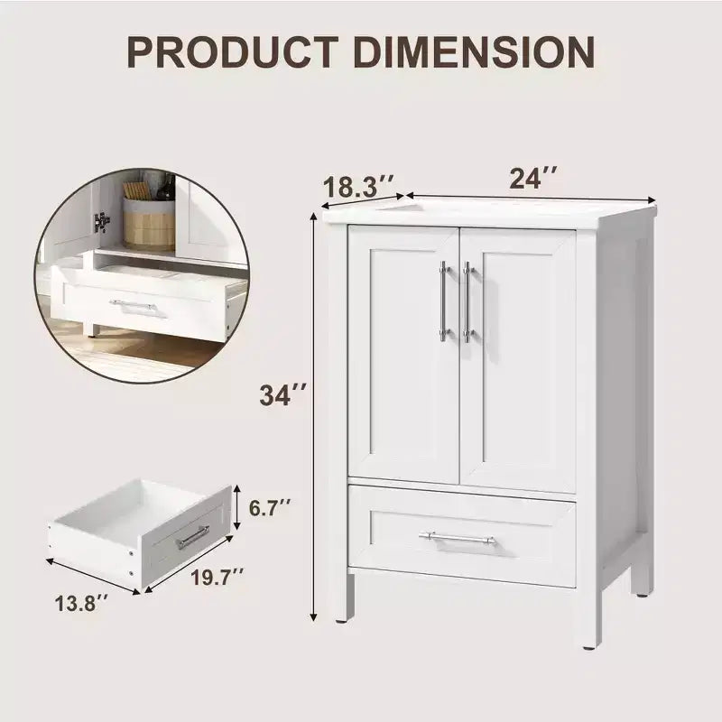 Meuble lavabo de salle de bain compact avec lavabo, meuble bas sur pieds avec porte à fermeture douce, étagère de rangement réglable, peu encombrant pour appartement