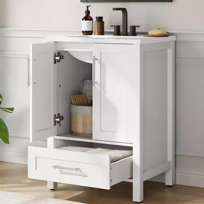 Meuble lavabo de salle de bain compact avec lavabo, meuble bas sur pieds avec porte à fermeture douce, étagère de rangement réglable, peu encombrant pour appartement
