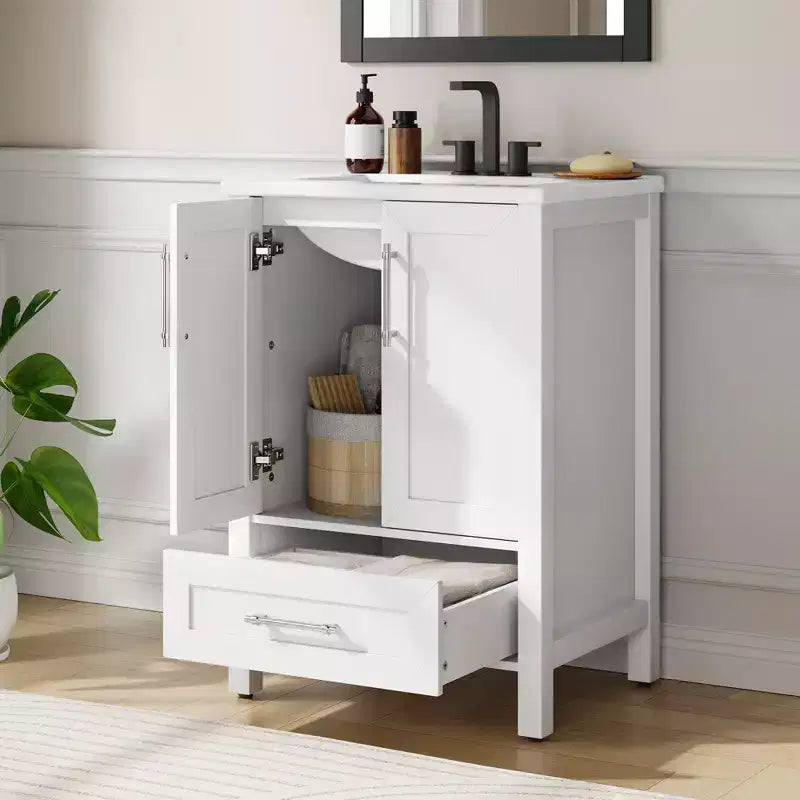 Meuble lavabo de salle de bain compact avec lavabo, meuble bas sur pieds avec porte à fermeture douce, étagère de rangement réglable, peu encombrant pour appartement