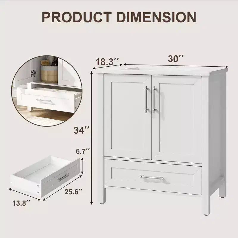 Meuble lavabo de salle de bain compact avec lavabo, meuble bas sur pieds avec porte à fermeture douce, étagère de rangement réglable, peu encombrant pour appartement