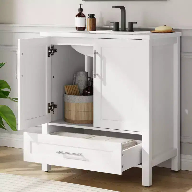 Meuble lavabo de salle de bain compact avec lavabo, meuble bas sur pieds avec porte à fermeture douce, étagère de rangement réglable, peu encombrant pour appartement