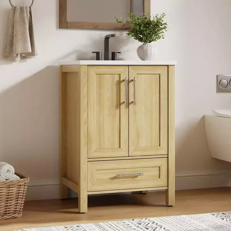 Meuble lavabo de salle de bain compact avec lavabo, meuble bas sur pieds avec porte à fermeture douce, étagère de rangement réglable, peu encombrant pour appartement