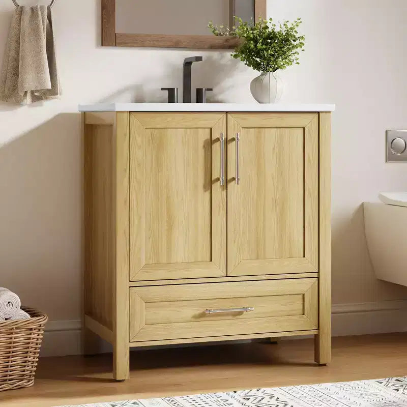 Meuble lavabo de salle de bain compact avec lavabo, meuble bas sur pieds avec porte à fermeture douce, étagère de rangement réglable, peu encombrant pour appartement