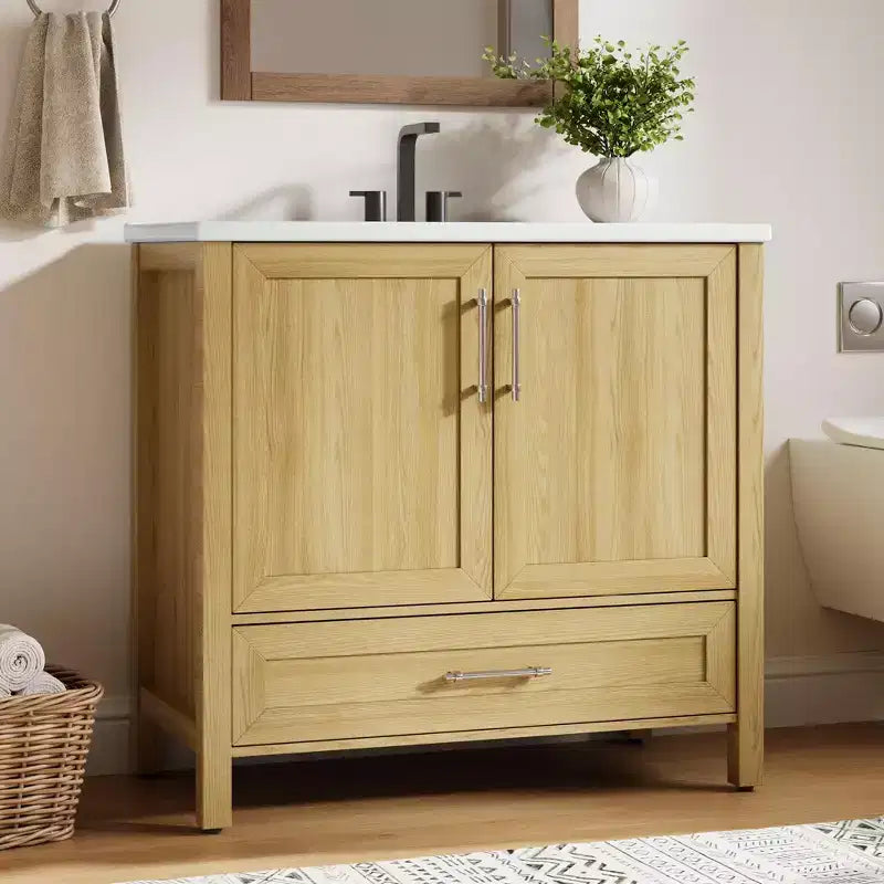 Meuble lavabo de salle de bain compact avec lavabo, meuble bas sur pieds avec porte à fermeture douce, étagère de rangement réglable, peu encombrant pour appartement