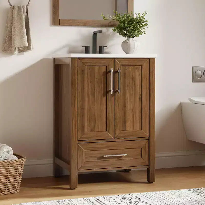 Meuble lavabo de salle de bain compact avec lavabo, meuble bas sur pieds avec porte à fermeture douce, étagère de rangement réglable, peu encombrant pour appartement