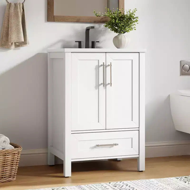 Meuble lavabo de salle de bain compact avec lavabo, meuble bas sur pieds avec porte à fermeture douce, étagère de rangement réglable, peu encombrant pour appartement