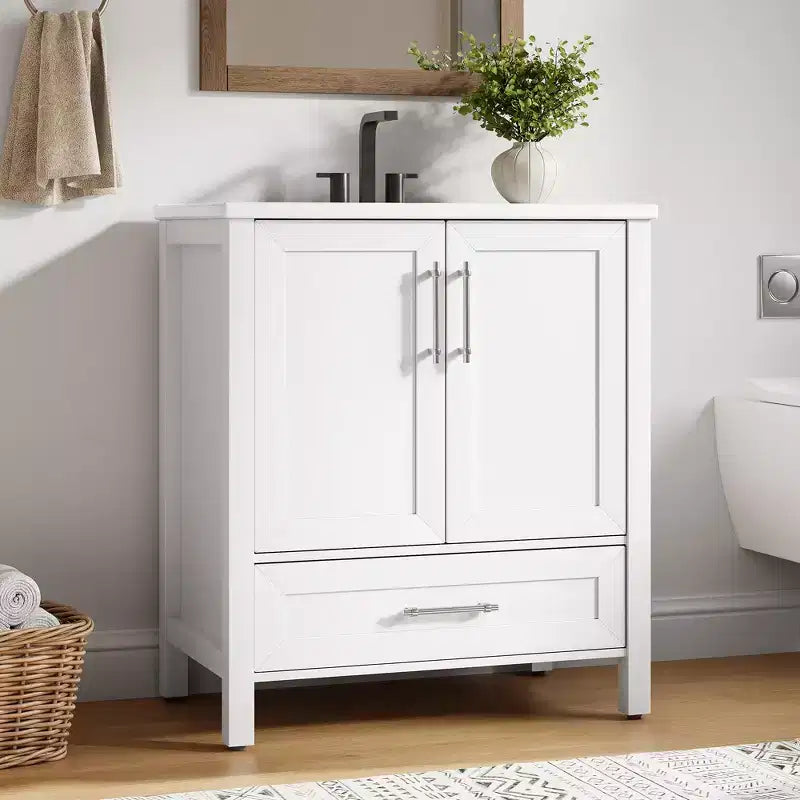 Meuble lavabo de salle de bain compact avec lavabo, meuble bas sur pieds avec porte à fermeture douce, étagère de rangement réglable, peu encombrant pour appartement