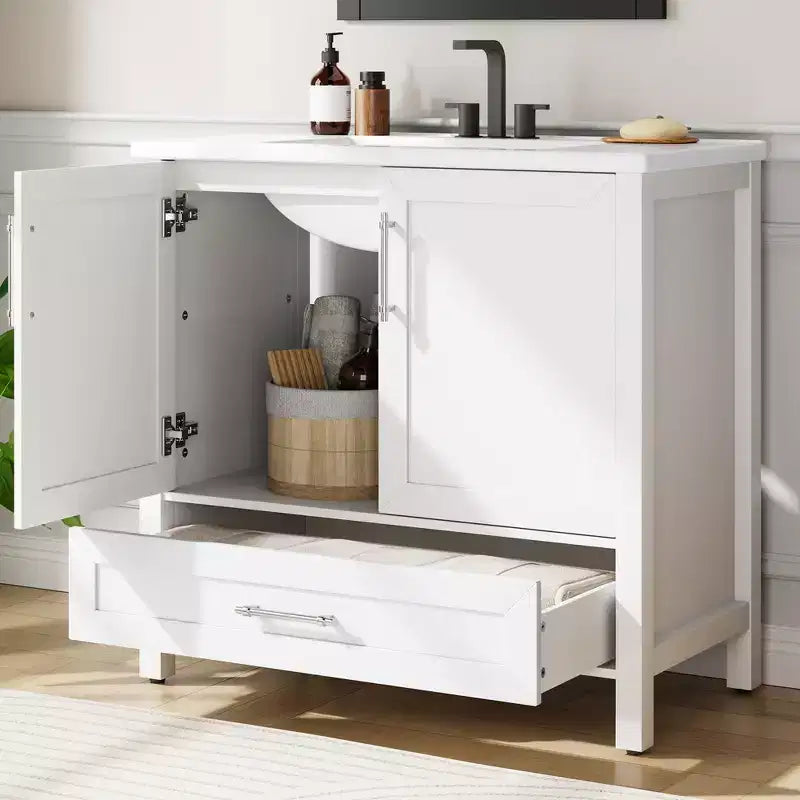 Meuble lavabo de salle de bain compact avec lavabo, meuble bas sur pieds avec porte à fermeture douce, étagère de rangement réglable, peu encombrant pour appartement