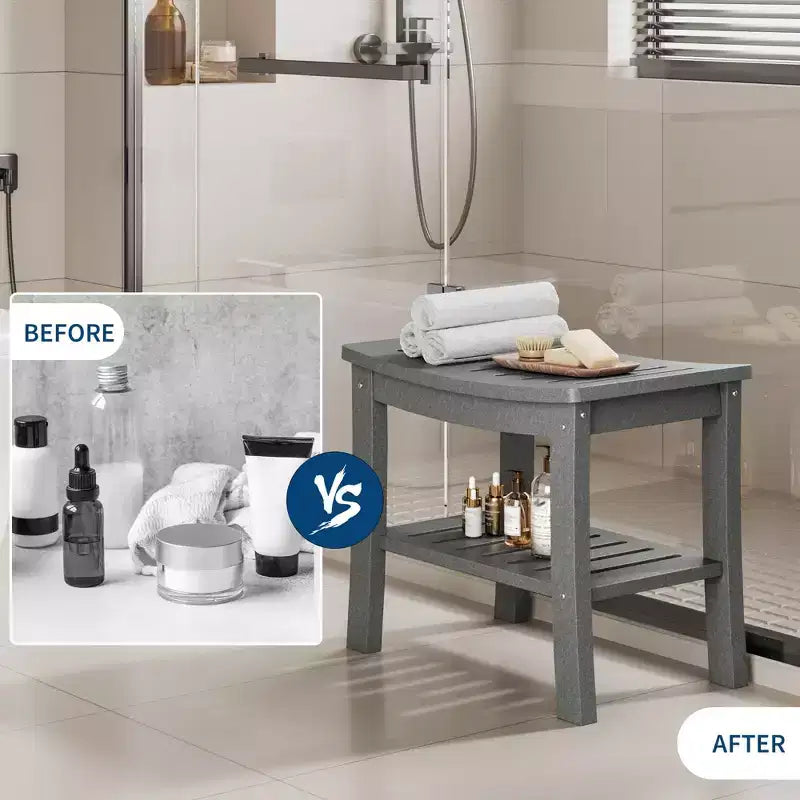 Banc de douche étanche en PEHD avec étagère de rangement, tabouret de salle de bain robuste d'une capacité de 180 kg et siège de bain pour personnes âgées et pour se raser les jambes