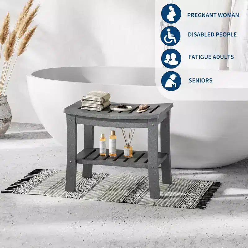 Banc de douche étanche en PEHD avec étagère de rangement, tabouret de salle de bain robuste d'une capacité de 180 kg et siège de bain pour personnes âgées et pour se raser les jambes