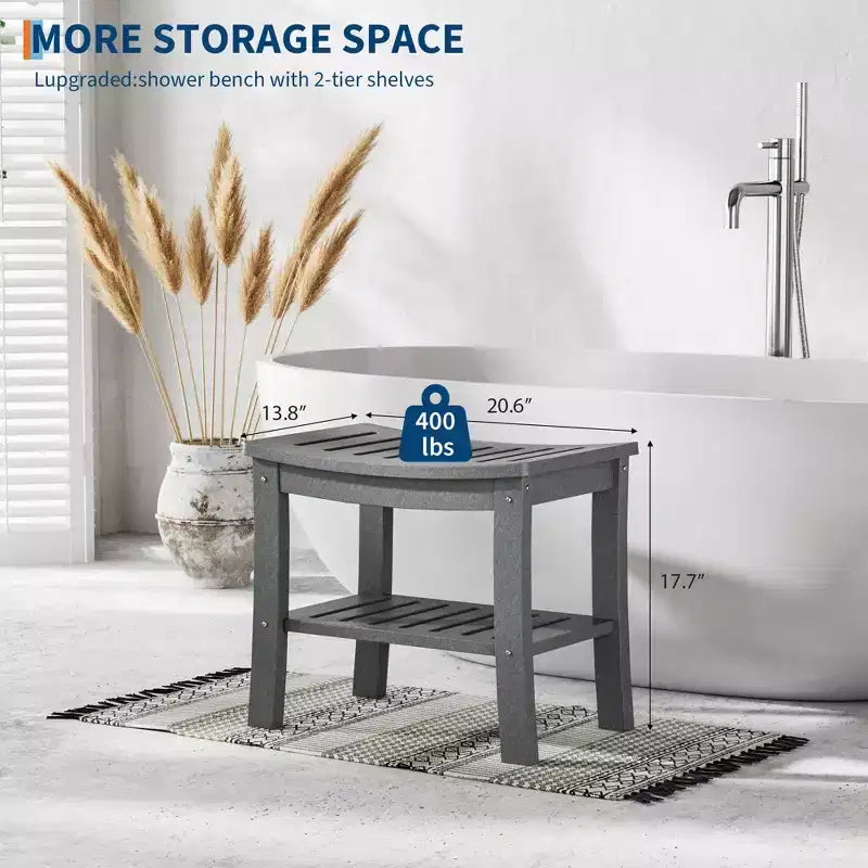 Banc de douche étanche en PEHD avec étagère de rangement, tabouret de salle de bain robuste d'une capacité de 180 kg et siège de bain pour personnes âgées et pour se raser les jambes
