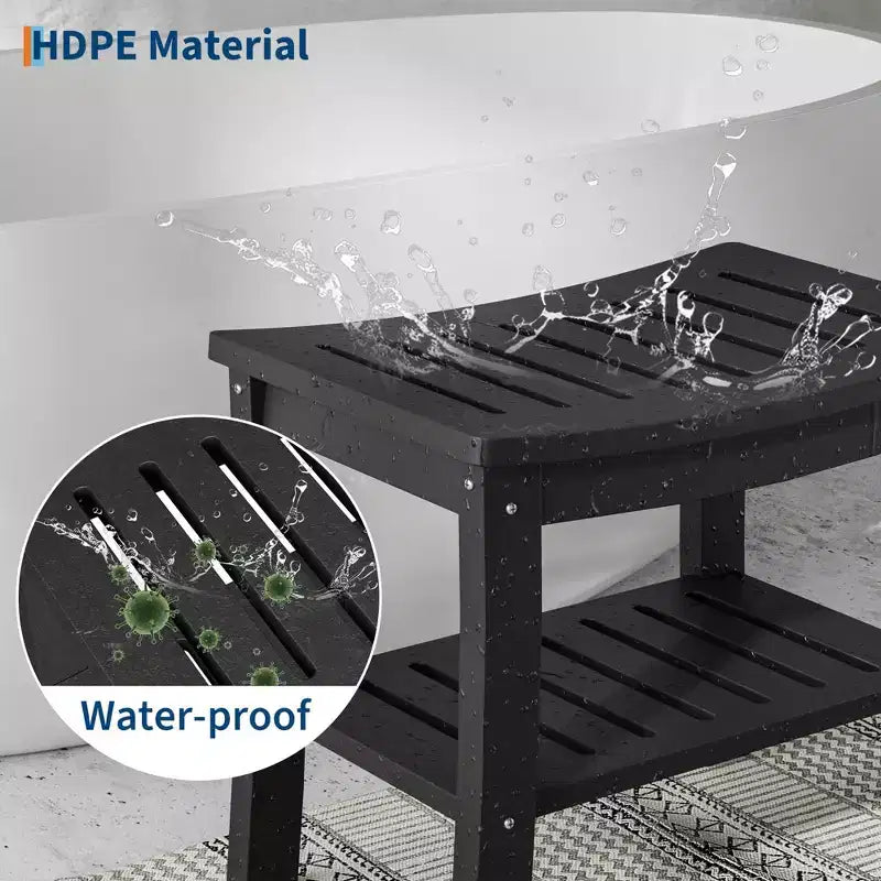 Banc de douche étanche en PEHD avec étagère de rangement, tabouret de salle de bain robuste d'une capacité de 180 kg et siège de bain pour personnes âgées et pour se raser les jambes