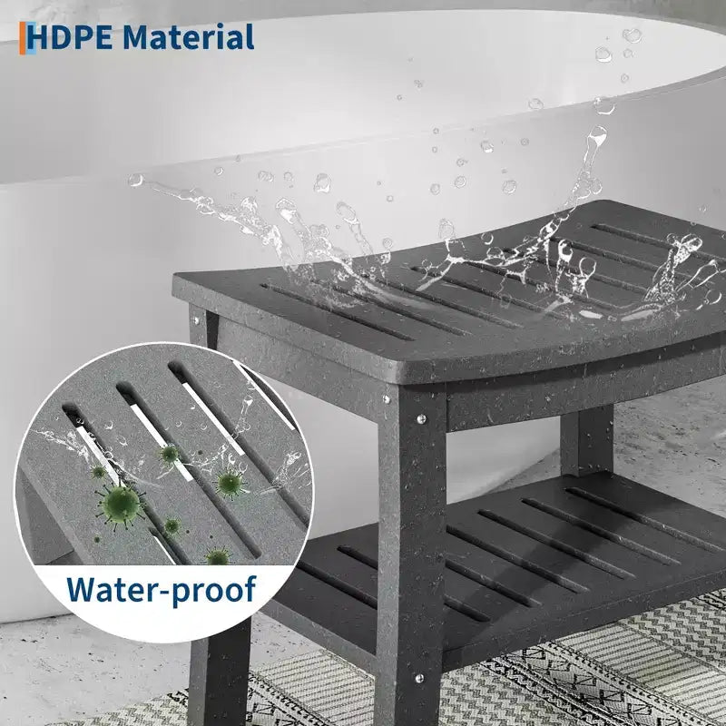 Banc de douche étanche en PEHD avec étagère de rangement, tabouret de salle de bain robuste d'une capacité de 180 kg et siège de bain pour personnes âgées et pour se raser les jambes