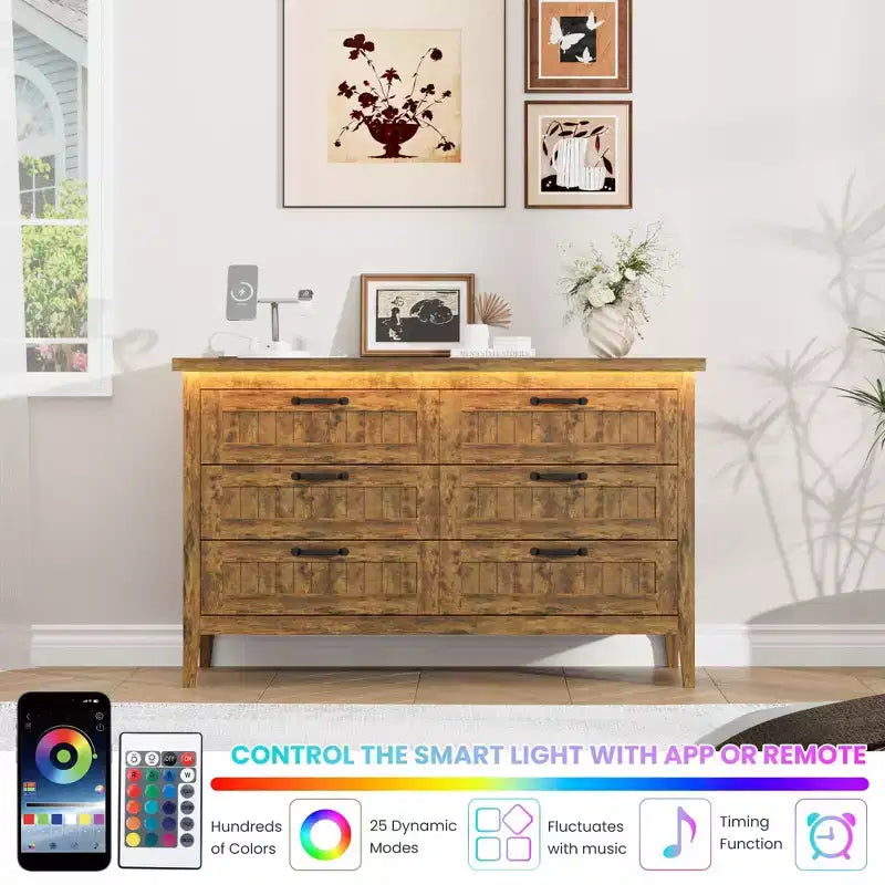 Commode à 6 tiroirs avec lumière et station de charge, Grand chiffonnier moderne, Meuble de rangement en bois pour chambre et salon