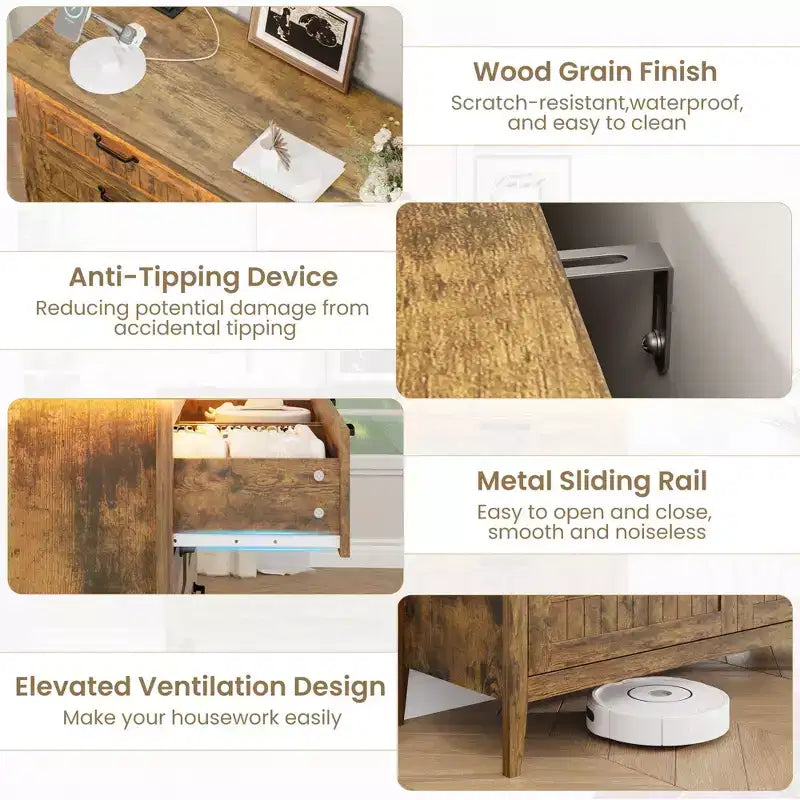 Commode à 6 tiroirs avec lumière et station de charge, Grand chiffonnier moderne, Meuble de rangement en bois pour chambre et salon