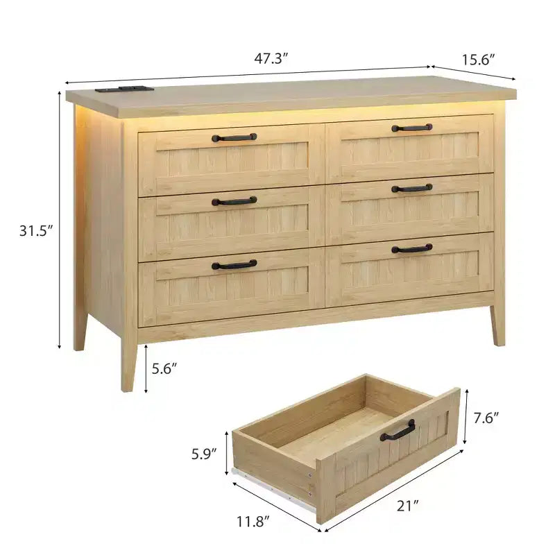 Commode à 6 tiroirs avec lumière et station de charge, Grand chiffonnier moderne, Meuble de rangement en bois pour chambre et salon