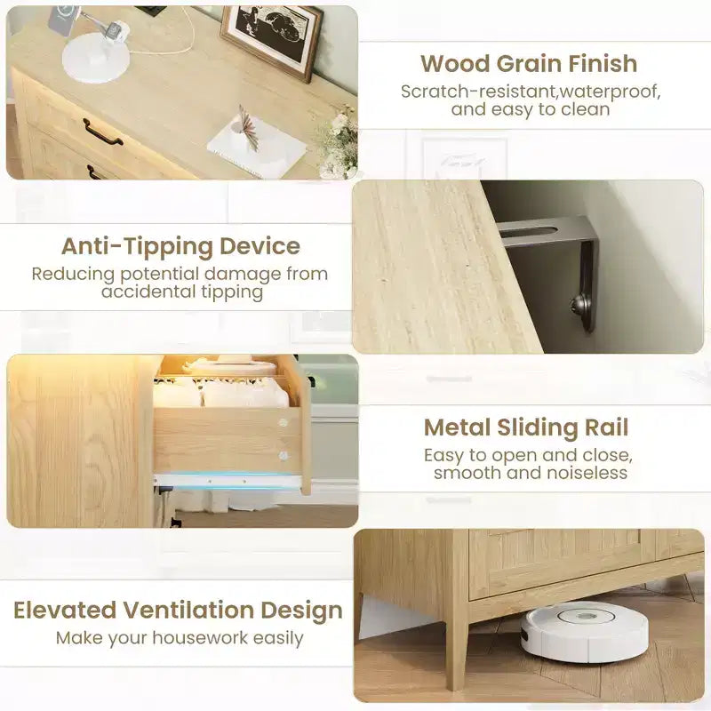 Commode à 6 tiroirs avec lumière et station de charge, Grand chiffonnier moderne, Meuble de rangement en bois pour chambre et salon