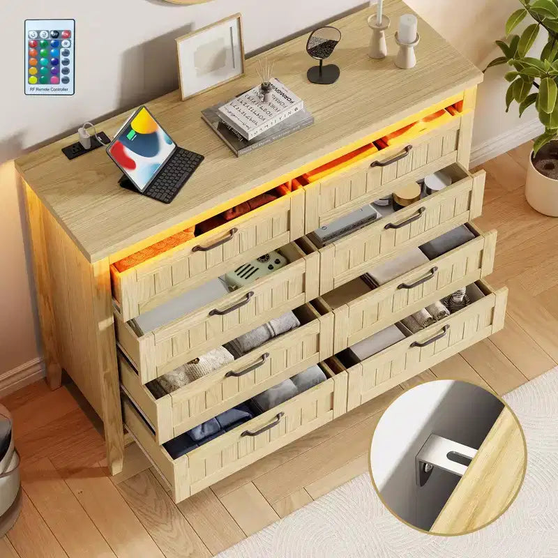 Commode à 6 tiroirs avec lumière et station de charge, Grand chiffonnier moderne, Meuble de rangement en bois pour chambre et salon