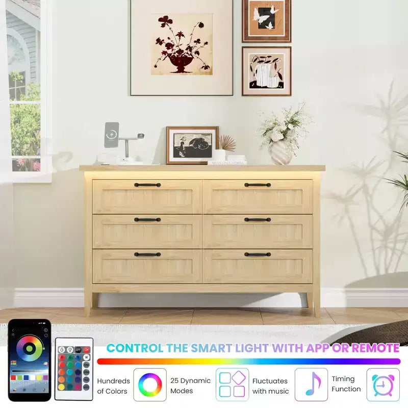 Commode à 6 tiroirs avec lumière et station de charge, Grand chiffonnier moderne, Meuble de rangement en bois pour chambre et salon