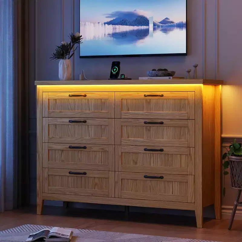 Commode à 6 tiroirs avec lumière et station de charge, Grand chiffonnier moderne, Meuble de rangement en bois pour chambre et salon