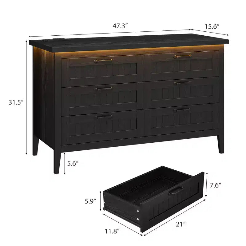 Commode à 6 tiroirs avec lumière et station de charge, Grand chiffonnier moderne, Meuble de rangement en bois pour chambre et salon