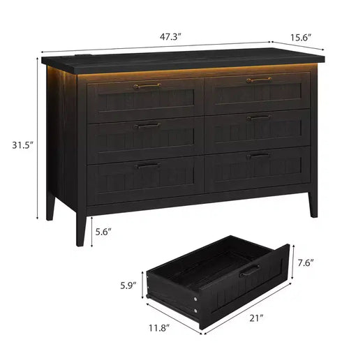 Commode à 6 tiroirs avec lumière et station de charge, Grand chiffonnier moderne, Meuble de rangement en bois pour chambre et salon
