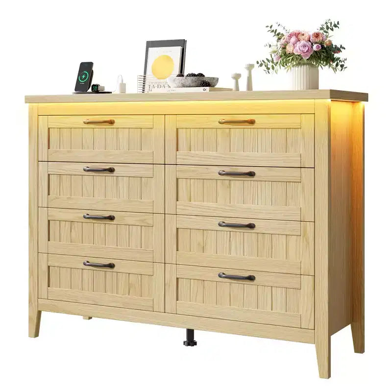 Commode à 6 tiroirs avec lumière et station de charge, Grand chiffonnier moderne, Meuble de rangement en bois pour chambre et salon