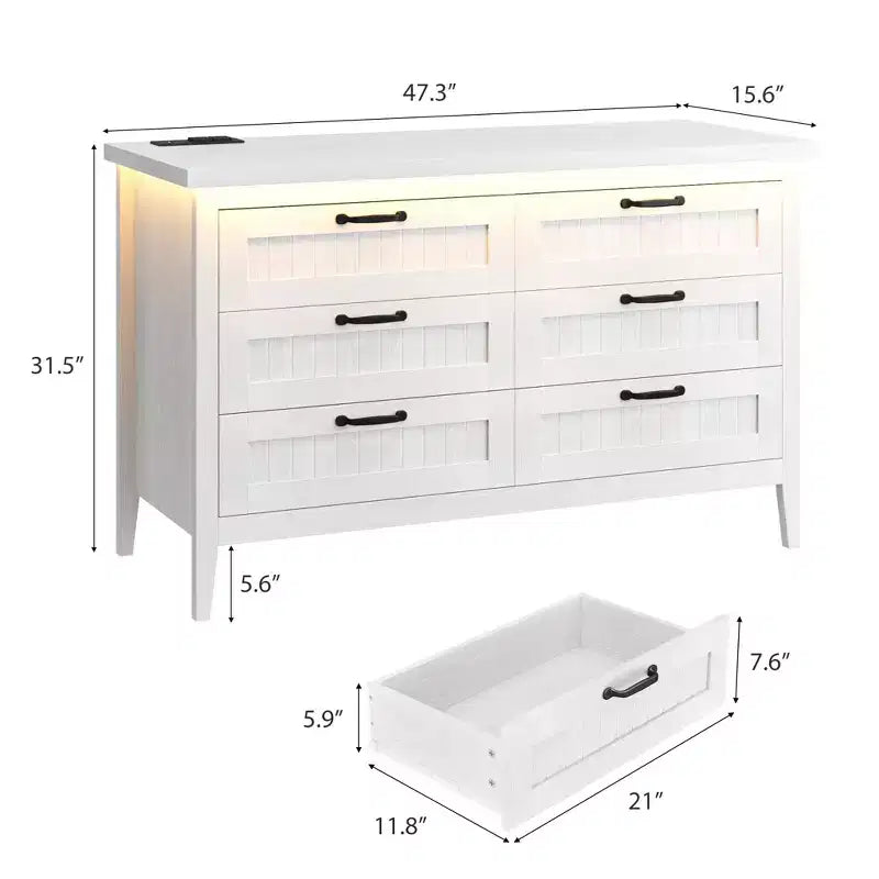 Commode à 6 tiroirs avec lumière et station de charge, Grand chiffonnier moderne, Meuble de rangement en bois pour chambre et salon