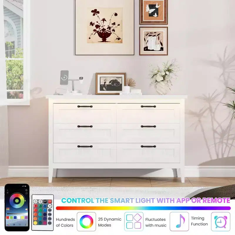 Commode à 6 tiroirs avec lumière et station de charge, Grand chiffonnier moderne, Meuble de rangement en bois pour chambre et salon