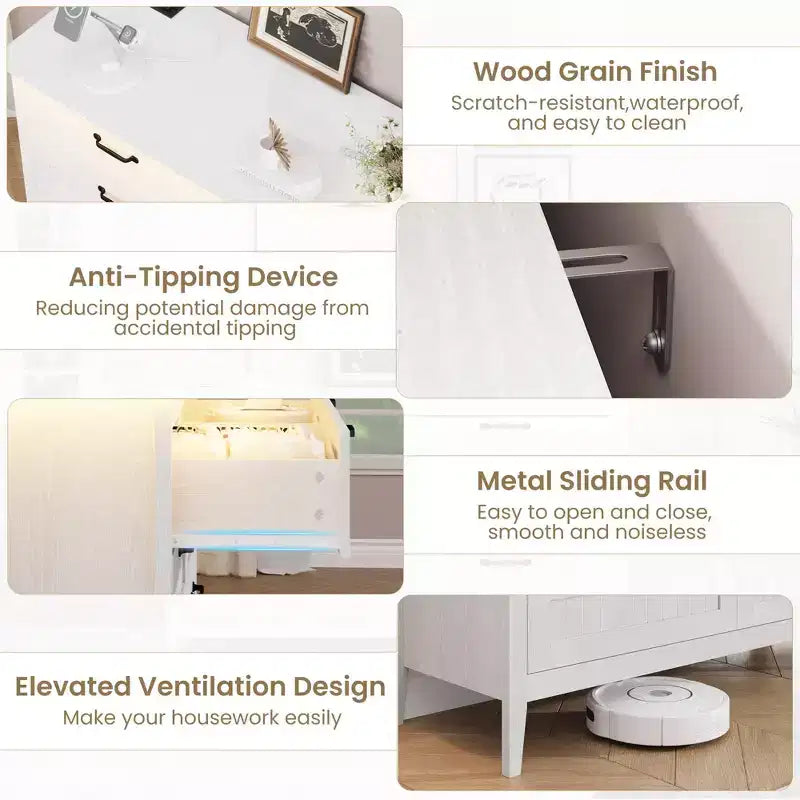 Commode à 6 tiroirs avec lumière et station de charge, Grand chiffonnier moderne, Meuble de rangement en bois pour chambre et salon