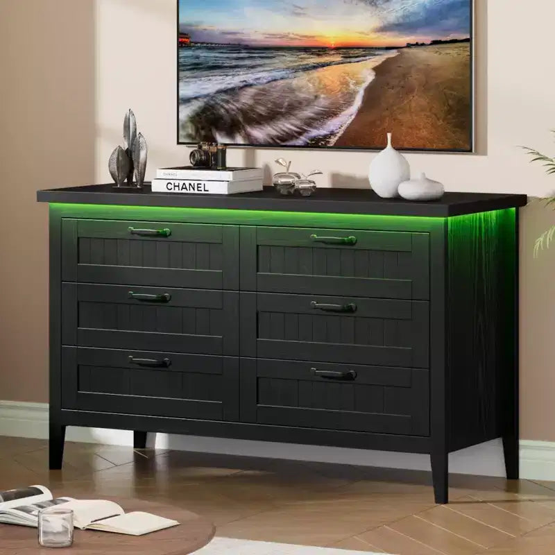 Commode à 6 tiroirs avec lumière et station de charge, Grand chiffonnier moderne, Meuble de rangement en bois pour chambre et salon