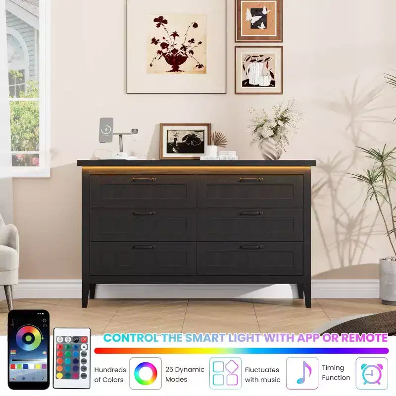 Commode à 6 tiroirs avec lumière et station de charge, Grand chiffonnier moderne, Meuble de rangement en bois pour chambre et salon