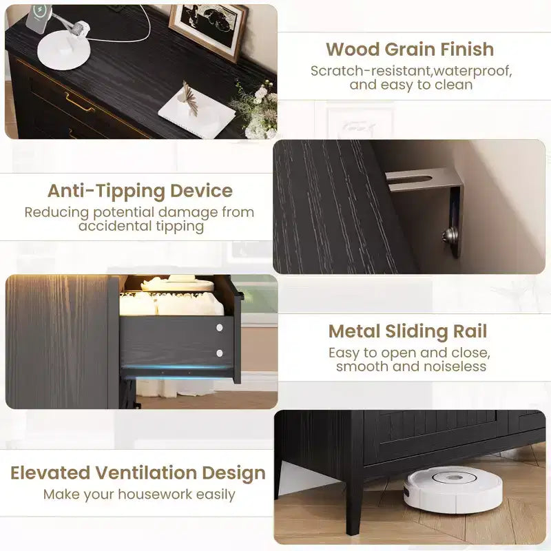 Commode à 6 tiroirs avec lumière et station de charge, Grand chiffonnier moderne, Meuble de rangement en bois pour chambre et salon
