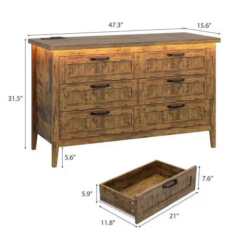 Commode à 6 tiroirs avec lumière et station de charge, Grand chiffonnier moderne, Meuble de rangement en bois pour chambre et salon