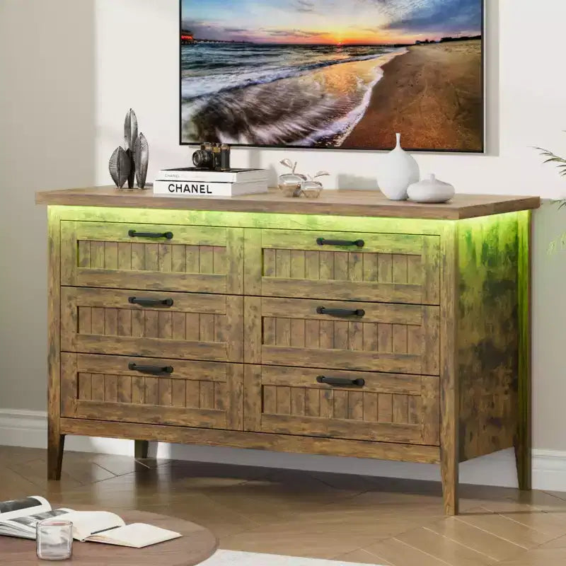 Commode à 6 tiroirs avec lumière et station de charge, Grand chiffonnier moderne, Meuble de rangement en bois pour chambre et salon