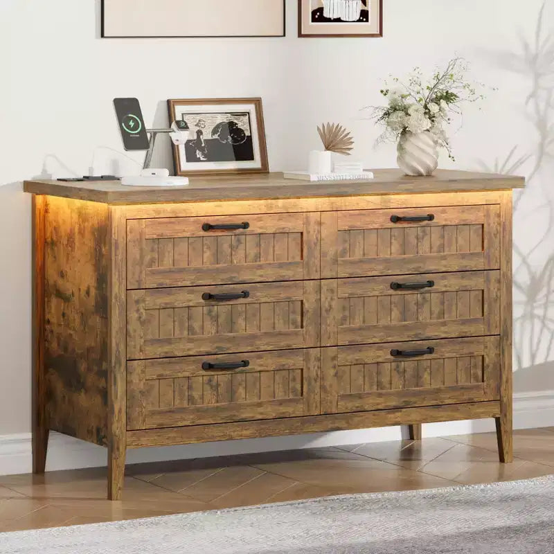 Commode à 6 tiroirs avec lumière et station de charge, Grand chiffonnier moderne, Meuble de rangement en bois pour chambre et salon
