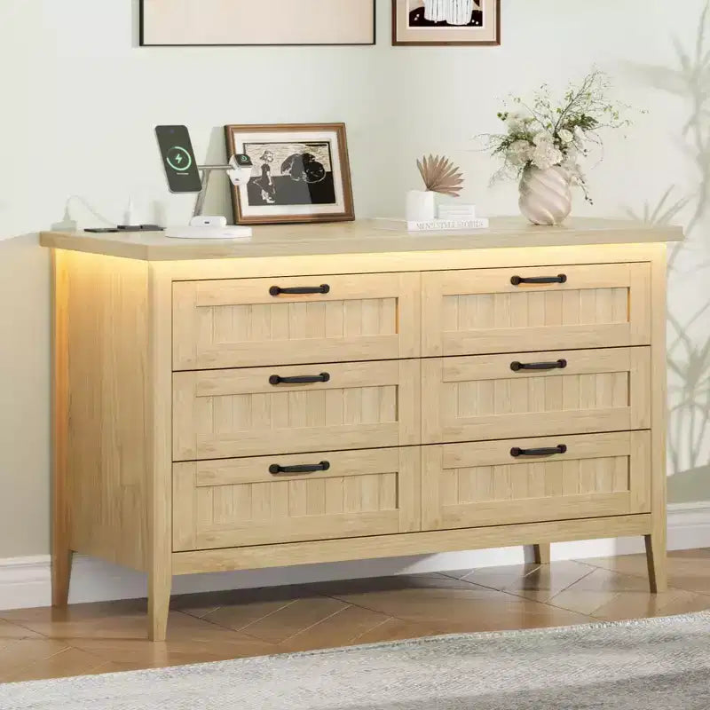 Commode à 6 tiroirs avec lumière et station de charge, Grand chiffonnier moderne, Meuble de rangement en bois pour chambre et salon