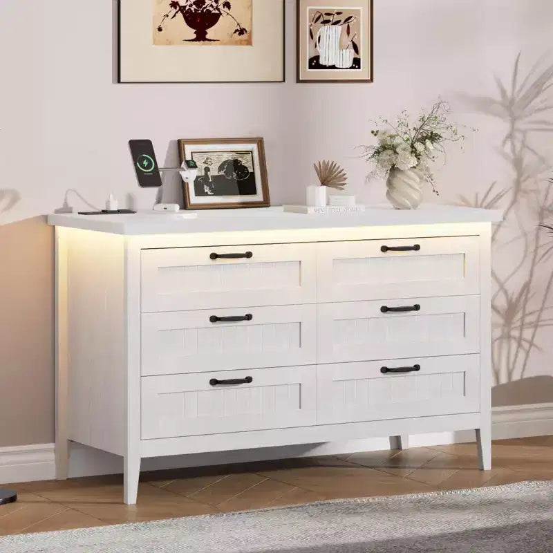 Commode à 6 tiroirs avec lumière et station de charge, Grand chiffonnier moderne, Meuble de rangement en bois pour chambre et salon