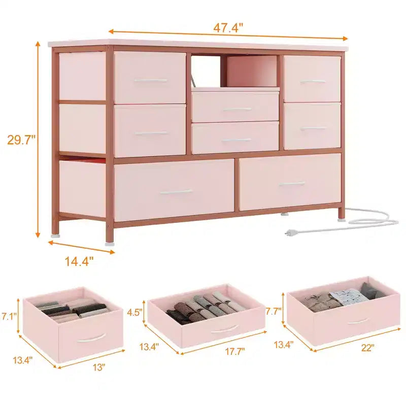 Commode TV 8 tiroirs avec prise de courant intégrée et lumières LED 20 couleurs, Grand meuble de rangement pour TV jusqu'à 50 pouces