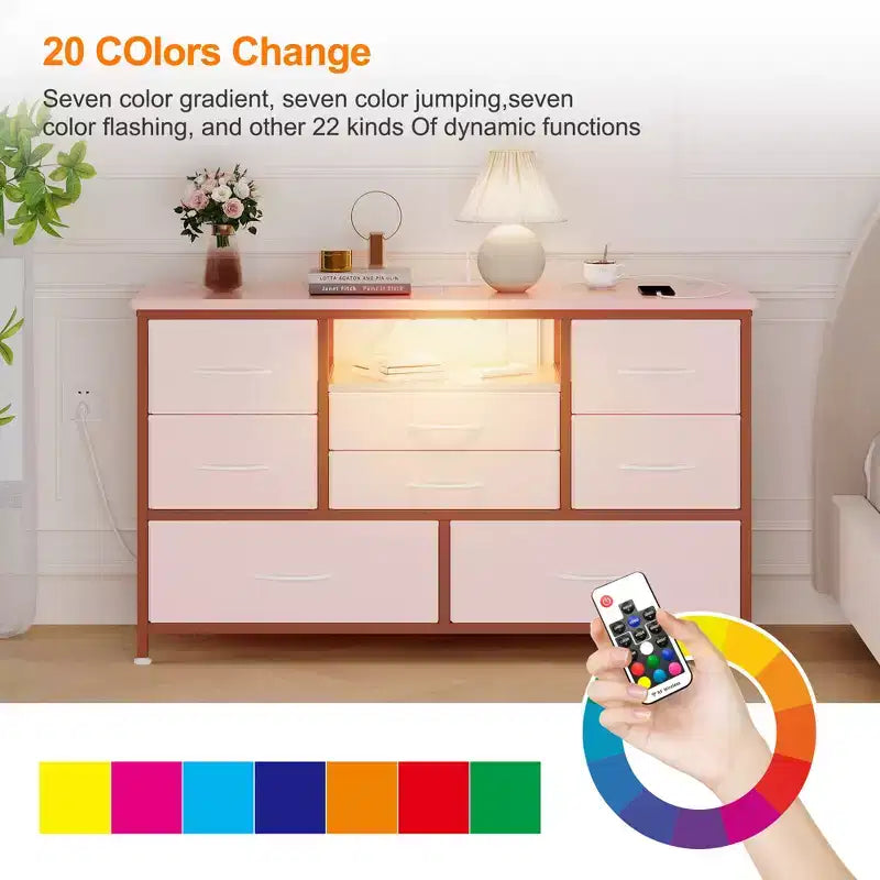 Commode TV 8 tiroirs avec prise de courant intégrée et lumières LED 20 couleurs, Grand meuble de rangement pour TV jusqu'à 50 pouces